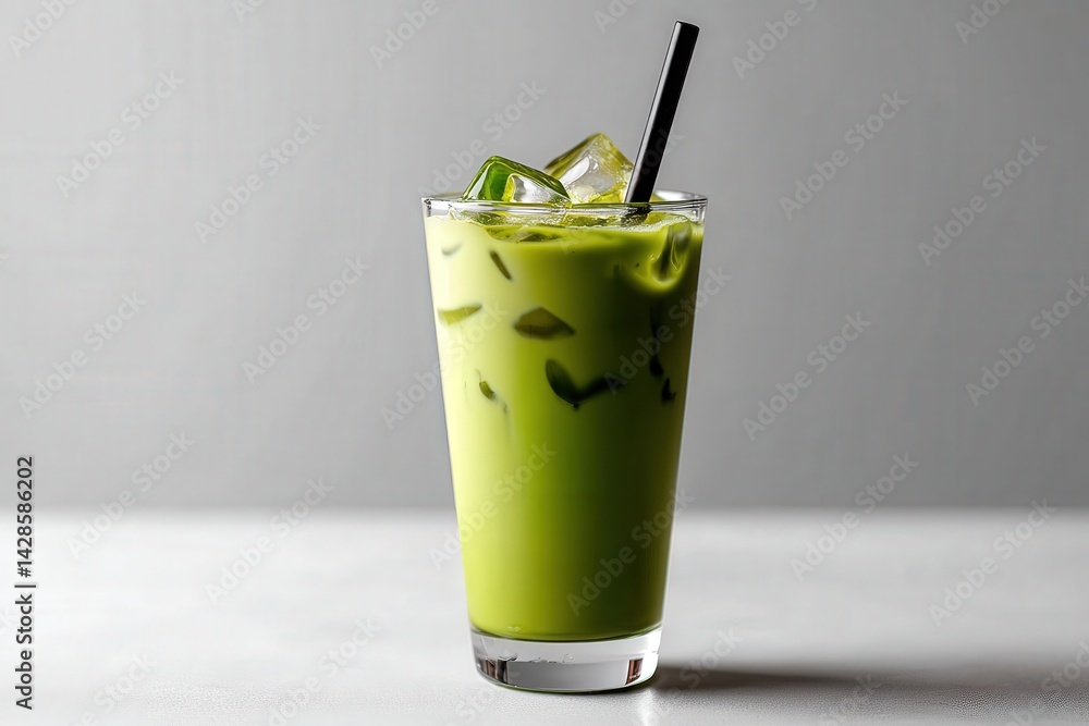 Refreshing Green Matcha Iced Beverage with Ice and Straw