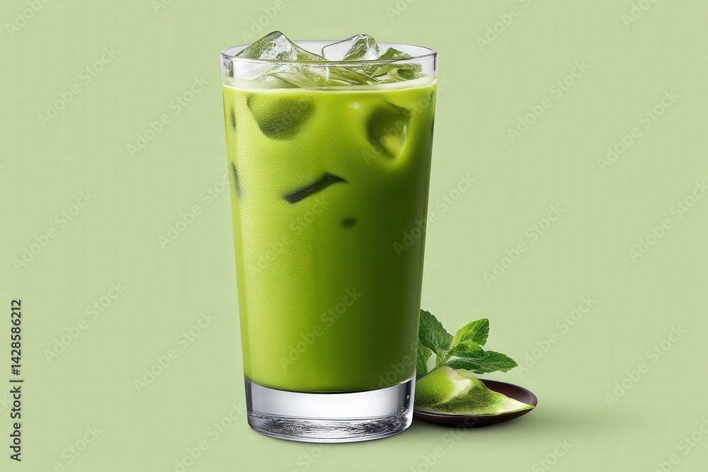 Refreshing Green Smoothie with Ice in a Glass on Light Background