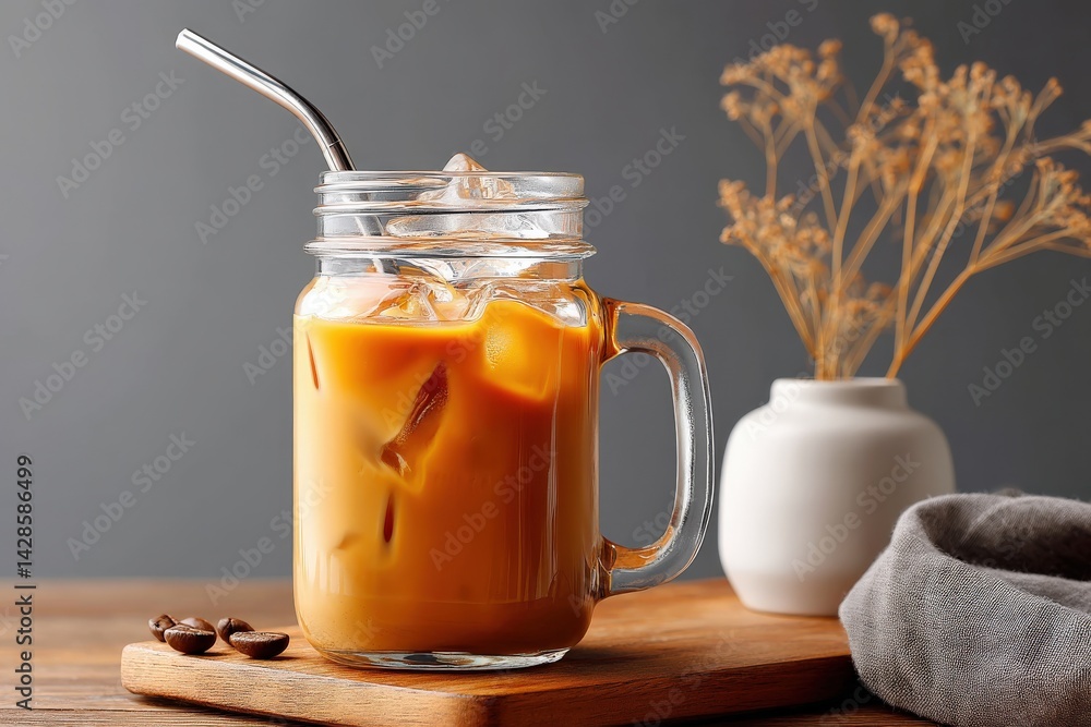 Refreshing Iced Coffee in Glass Mug with Straw on Wooden Table