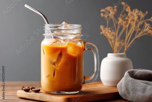 Obraz na płótnie Refreshing Iced Coffee in Glass Mug with Straw on Wooden Table w salonie