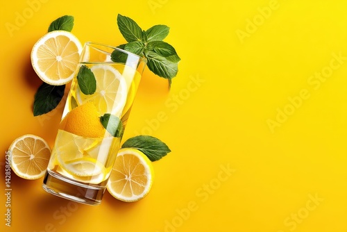 Obraz na płótnie Refreshing Lemonade with Mint Leaves on Bright Yellow Background w salonie