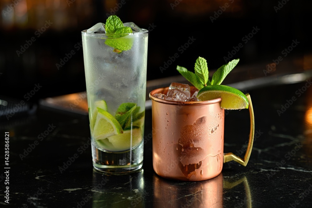 Moscow Mule highball cocktail and a long vodka drink with fresh lime, ginger beer, and mint.