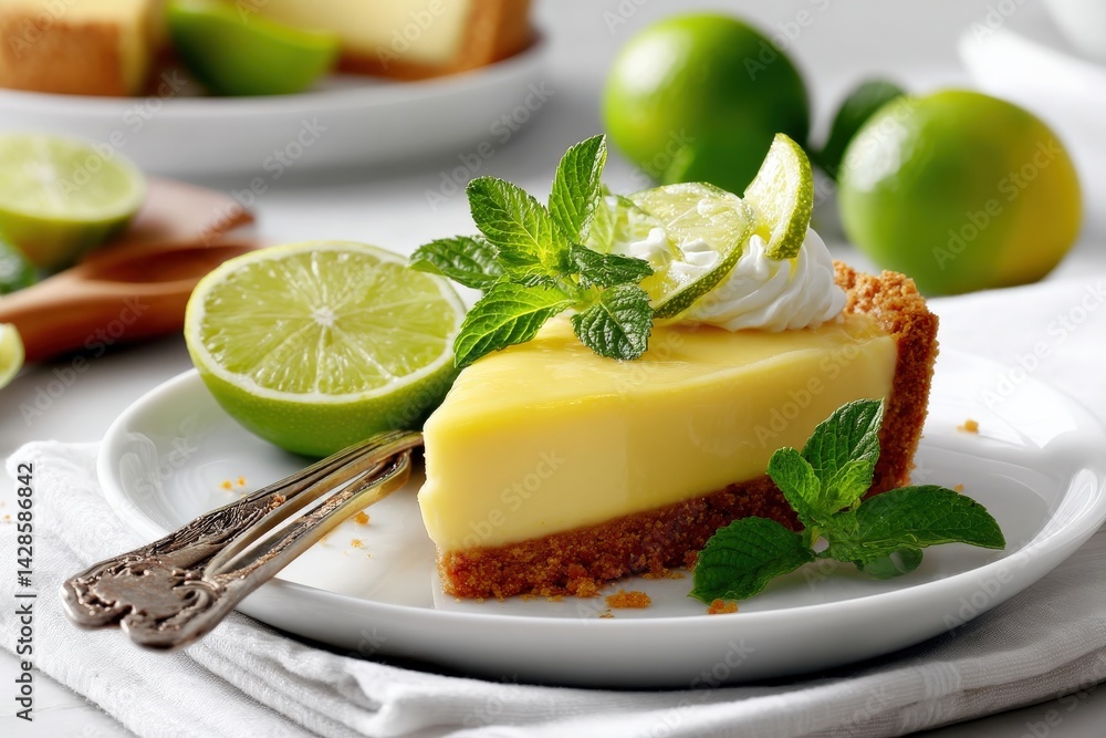 Refreshing Lime Pie Slice with Garnish on a White Plate
