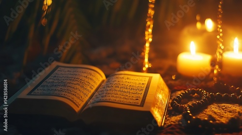 Wallpaper Mural Holy Quran with Candles and Prayer Beads at Night Torontodigital.ca