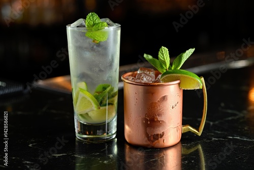 Obraz na płótnie Moscow Mule highball cocktail and a long vodka drink with fresh lime, ginger beer, and mint. w salonie