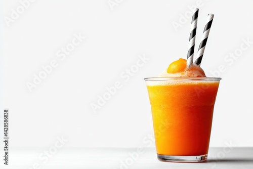 Obraz na płótnie Refreshing Orange Smoothie with Striped Straws in Clear Glass w salonie