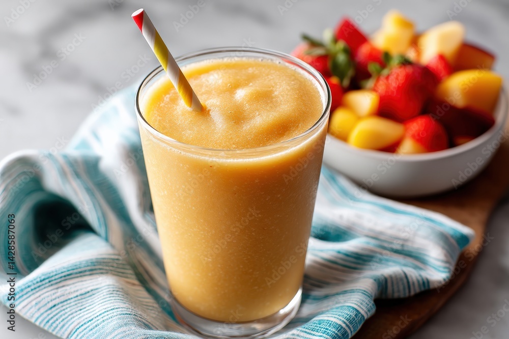 Refreshing Tropical Smoothie with Straw and Colorful Fruit Bowl