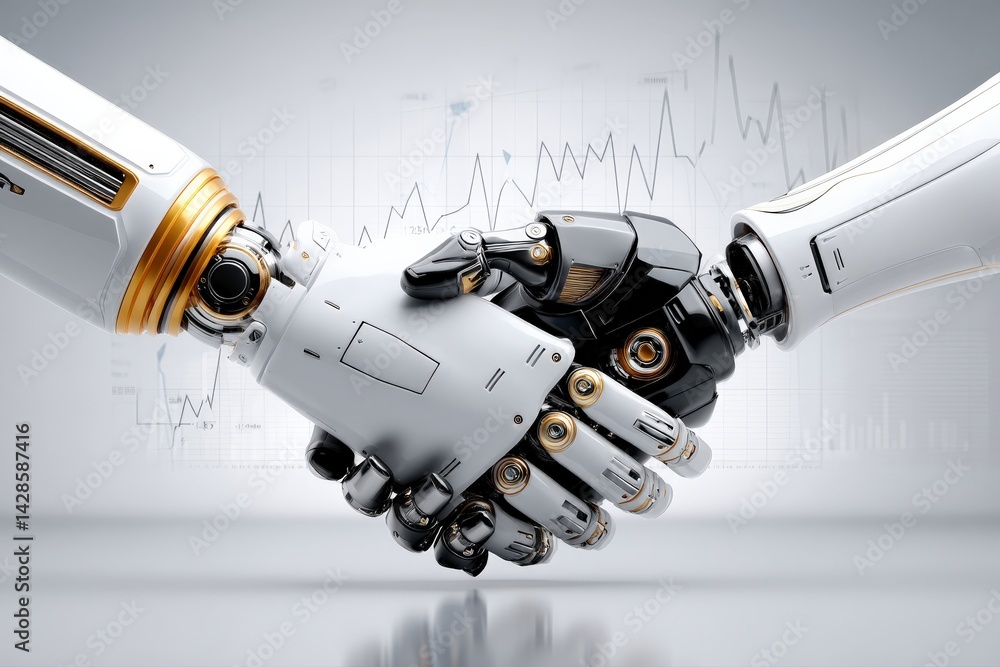 Robot Hands Shaking Over Data Chart Background Representing Partnership
