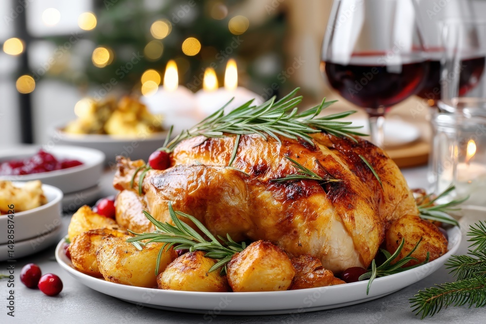 Roasted Chicken with Potatoes and Herbs on Festive Table Setting