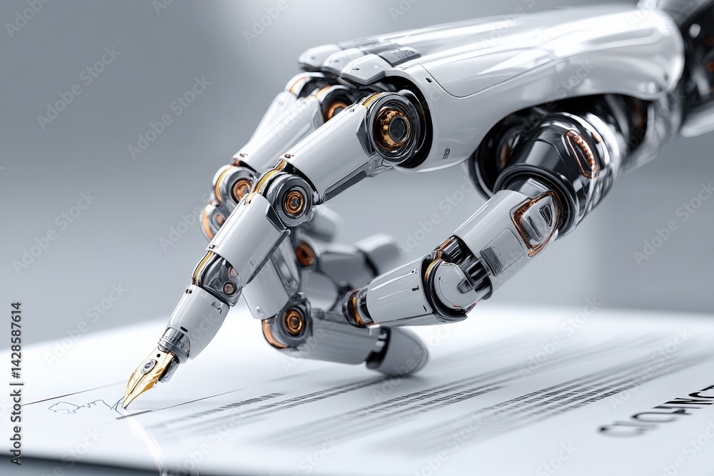 Robotic Hand Holding Pen Preparing to Sign Document Close-Up