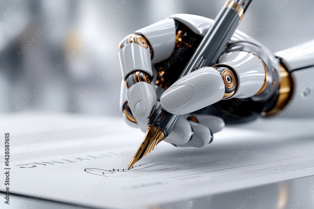 Robotic Hand Holding Pen Signing Document in Modern Office Environment