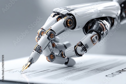 Obraz na płótnie Robotic Hand Holding Pen Preparing to Sign Document Close-Up w salonie