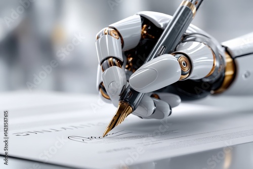 Obraz na płótnie Robotic Hand Holding Pen Signing Document in Modern Office Environment w salonie