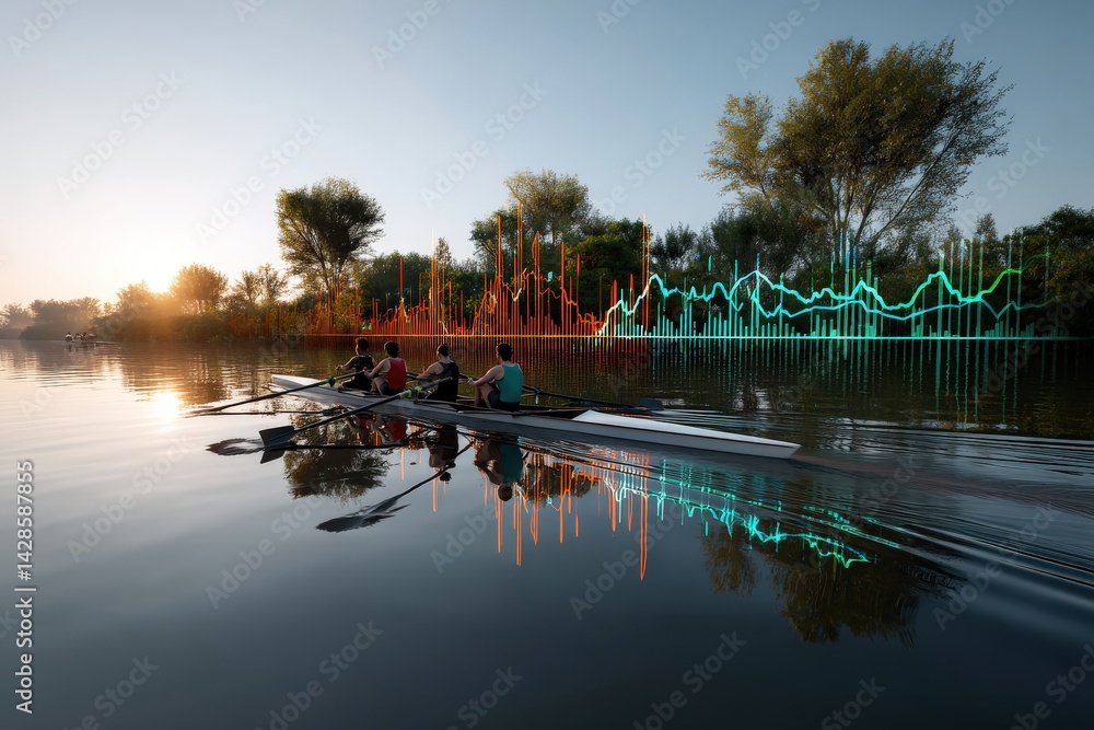 Rowing Team on Calm Water with Digital Data Overlay Background