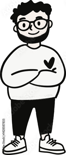 Cartoon character with glasses and heart design on shirt cartoon isolated on transparent background. Vector illustration.