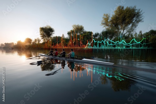 Obraz na płótnie Rowing Team on Calm Water with Digital Data Overlay Background w salonie