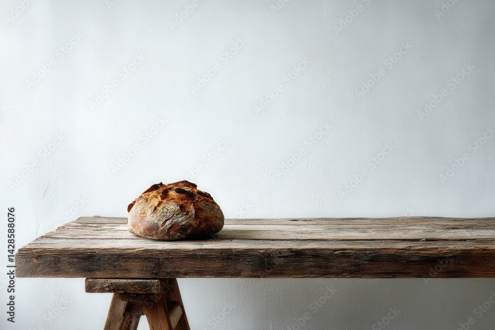 Rustic Bread Loaf on Wooden Table Against Minimalist Background