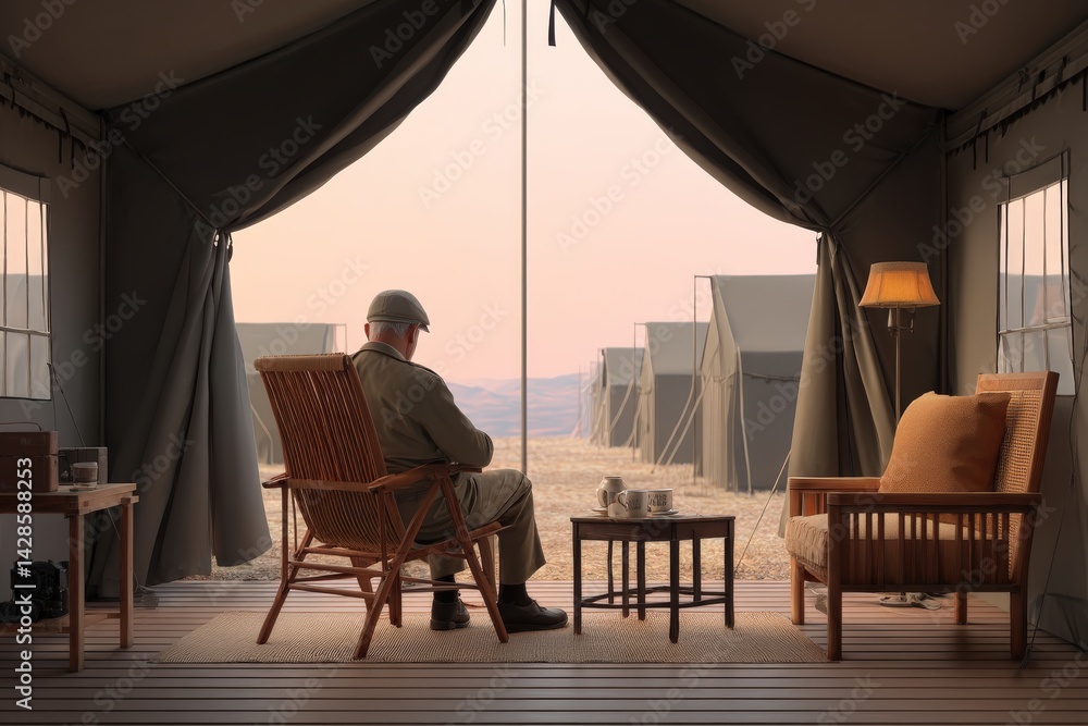 Serene Sunset View from Tent with Relaxed Man in Wilderness
