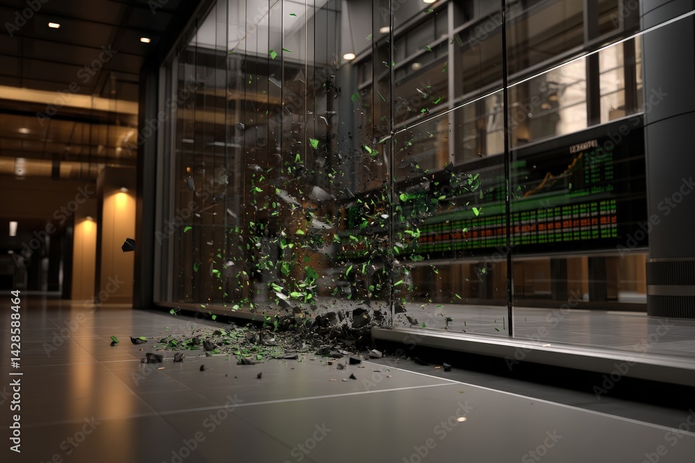 Shattered Glass Wall with Green Fragments in Modern Office Interior