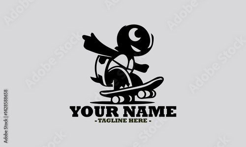 Whimsical monochromatic illustration of a cheerful turtle riding a skateboard with dynamic motion trails indicating speed. turtle a skateboard vector logo design