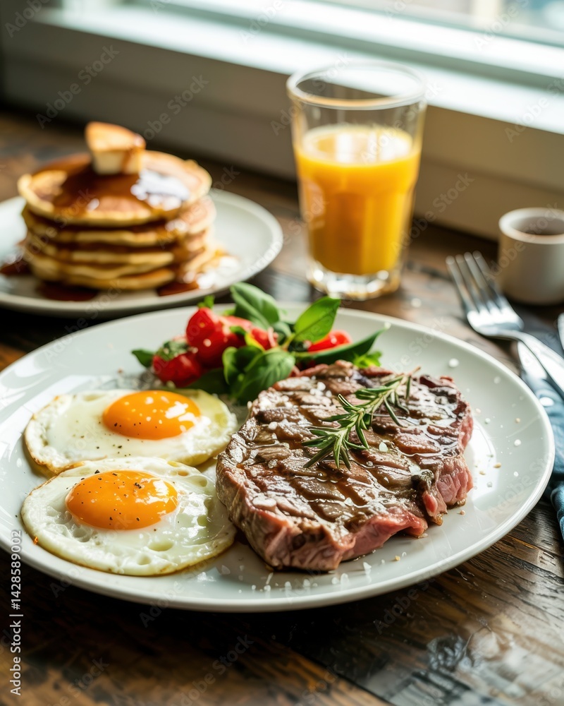 Delicious breakfast with steak, eggs, and pancakes served with orange juice in a cozy setting Delicious breakfast with steak, eggs, and pancakes served with orange juice in a cozy setting