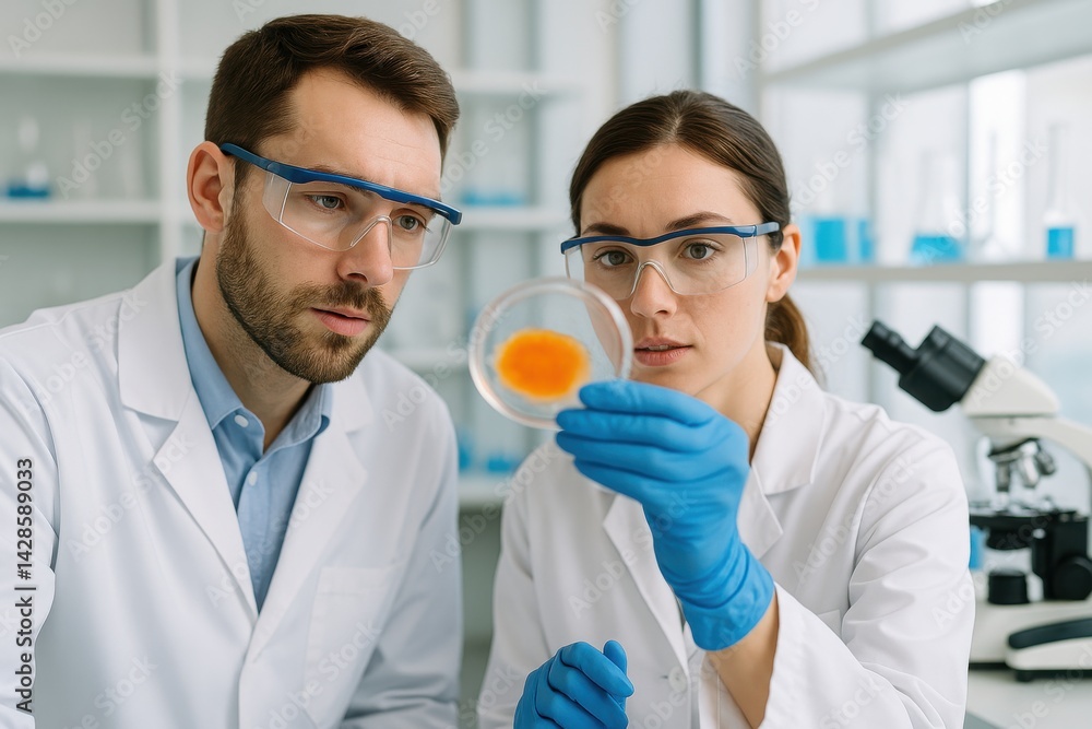 Male and female scientist examining chemical in petri dish while working in laboratory