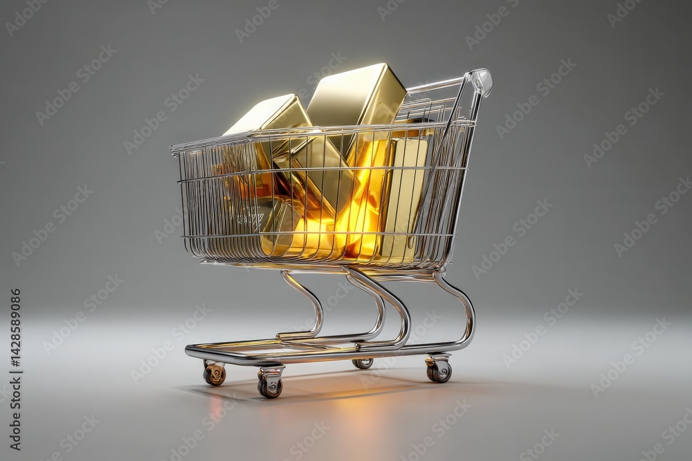 Shopping Cart Filled with Gold Bars on a Grey Background