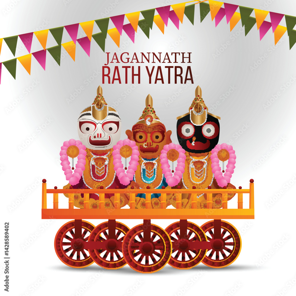 Naklejka premium Happy jagannath rath yatra celebration background with vector illustration of lord jagannath balabhadra and subhadra