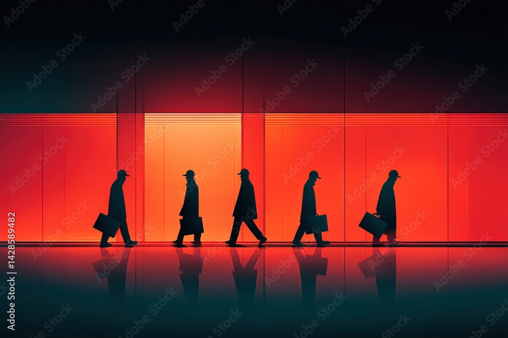 Silhouettes of Businessmen Walking Against a Vibrant Red Background