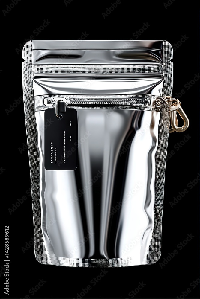 Silver Foil Packaging with Zip Closure and Tag on Black Background