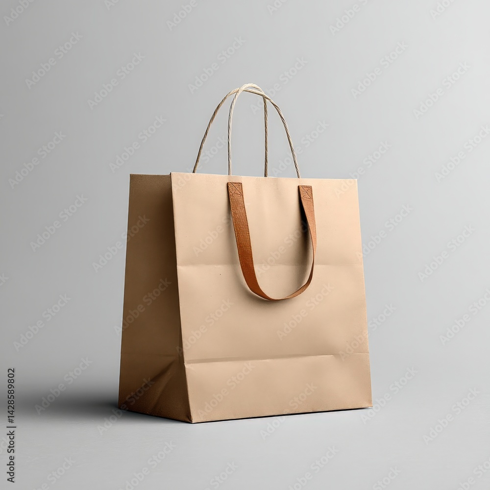 Simple Brown Paper Shopping Bag with Leather Handles on Gray Background