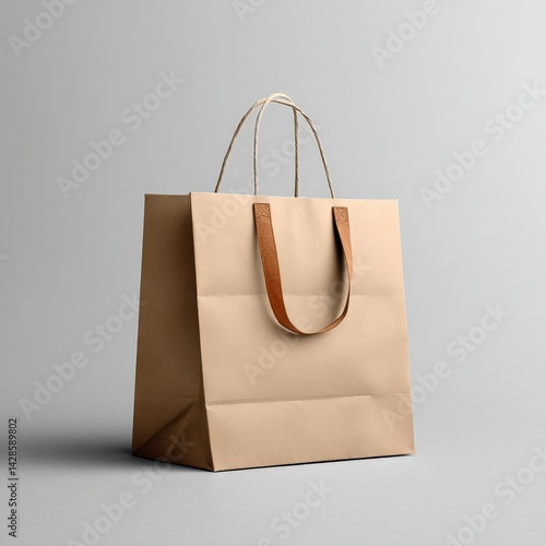 Simple Brown Paper Shopping Bag with Leather Handles on Gray Background