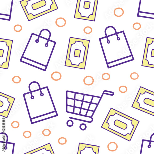 Shopping Pattern with Bags, Money, and Cart
