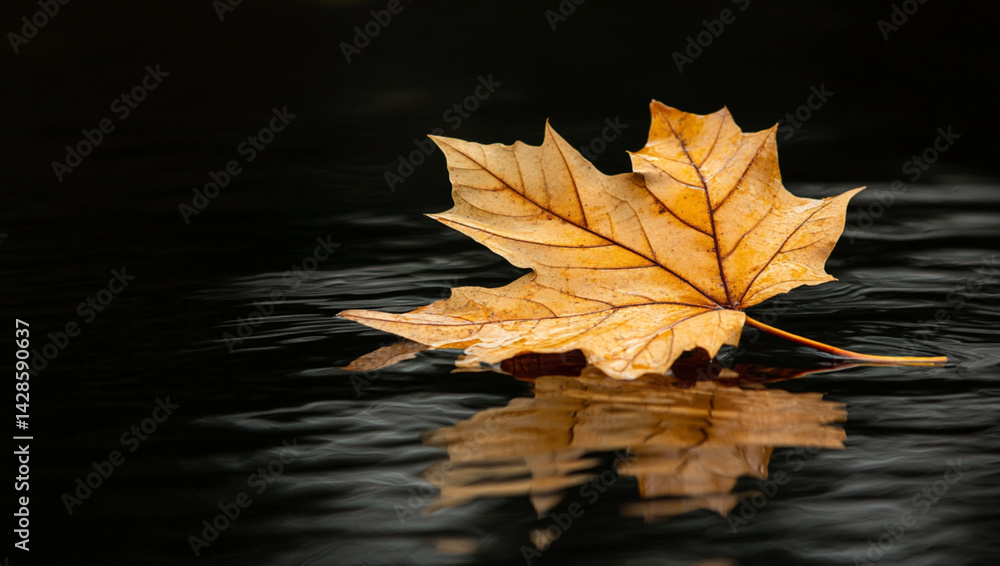 A single, golden-brown maple leaf floats on the dark, rippled surface of water with copy space for text