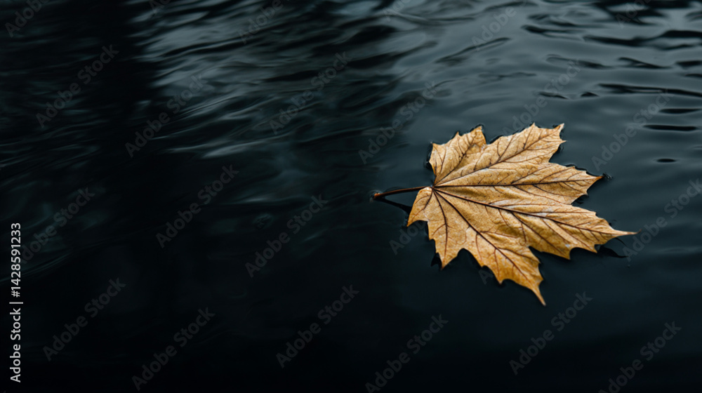 A single, golden-brown maple leaf floats on the dark, rippled surface of water with copy space for text