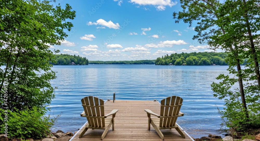 Calm Blue Lake in Muskoka Reflecting Summer Sky with Adirondack Chairs on Dock Calm Blue Lake in Muskoka Reflecting Summer Sky with Adirondack Chairs on Dock