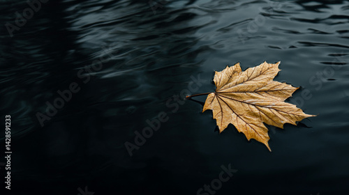 A single, golden-brown maple leaf floats on the dark, rippled surface of water with copy space for text