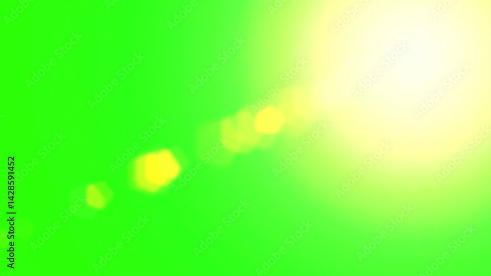 Realistic sunlight 2d smooth effect on green screen, lens flare yellow rays from angle, chroma key effect sun light filter camera dslr on green screen alpha adjustment layer 3d animated video