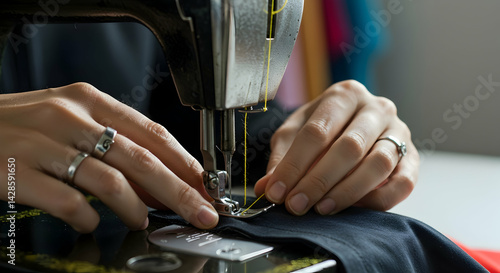 Close up of hands using sewing machine creating clothing fashion designer skilled work needle thread textile fabric material