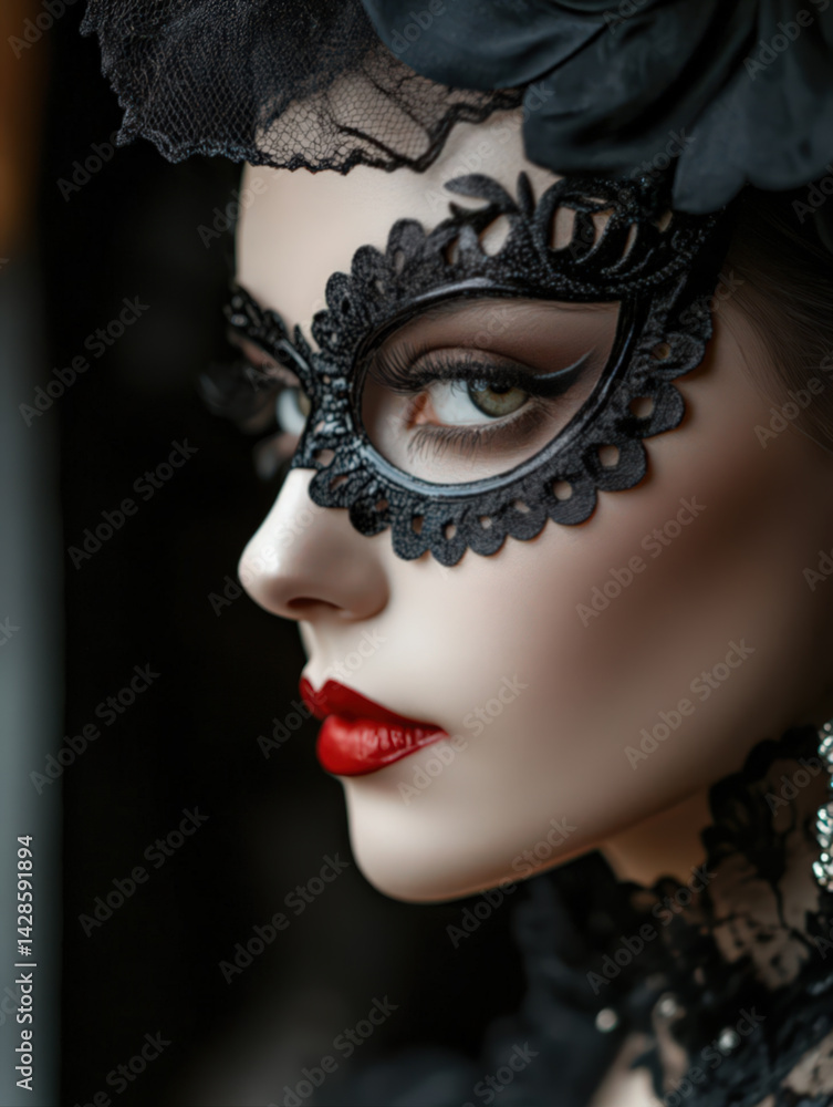 A close up of a woman from the profile dressed to a Masquerade ball A close up of a woman from the profile dressed to a Masquerade ball