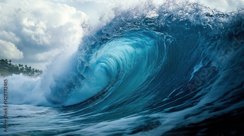 Ocean wave curls at sea, showcasing raw power against a backdrop of cloudy sky