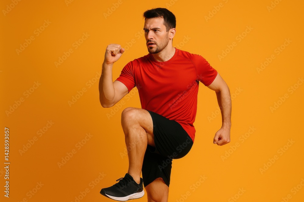 Male runner doing fitness workout. Athlete exercising over an orange background.