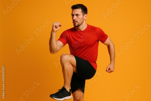 Obraz na płótnie Male runner doing fitness workout. Athlete exercising over an orange background. w salonie