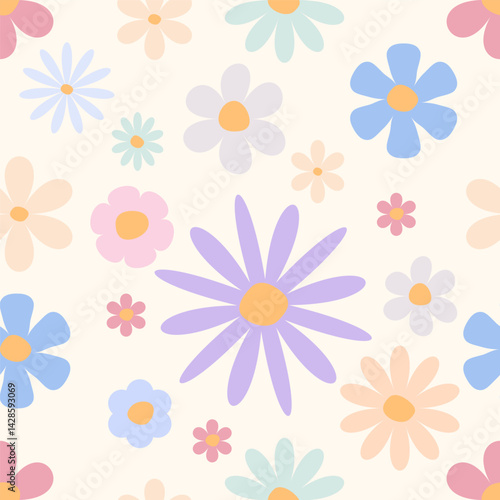 Delicate floral pattern in soft pastel hues on warm beige background. Ideal for spring collections, wedding invitations, wallpaper designs, and textile printing. Seamless vector repeat.