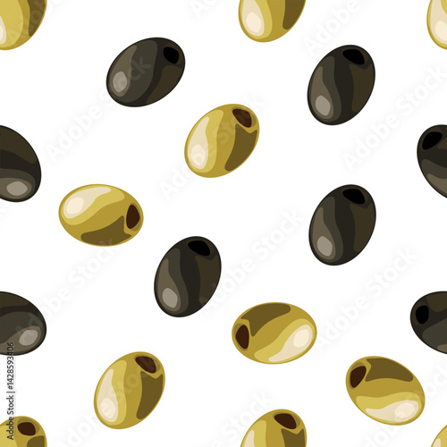 Seamless pattern of olives and black olives isolated on white background. Vector flat illustration. Design for textile, wallpaper, wrapping, background