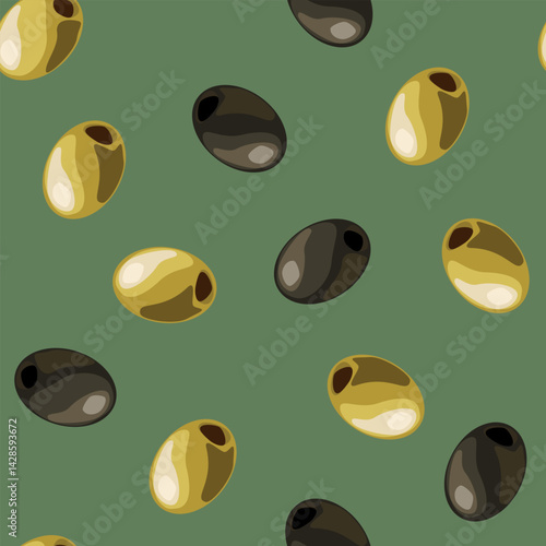 Seamless pattern of olives and black olives isolated on green background. Vector flat illustration. Design for textile, wallpaper, wrapping, background