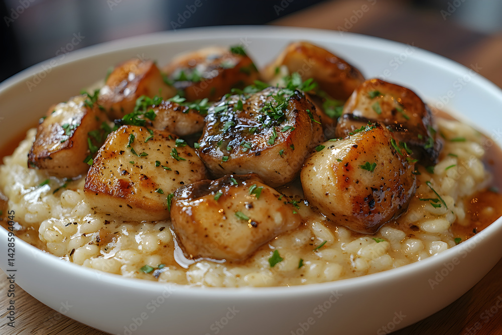 Creamy mushroom risotto served with a garnish of parsley