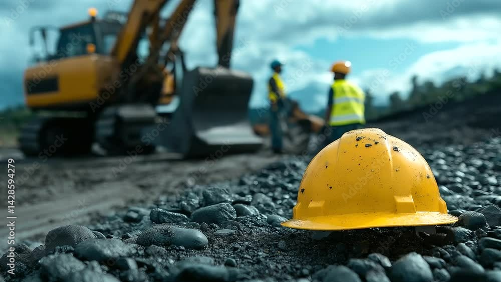 custom made wallpaper toronto digitalProtective gear, including a hard hat and reflective vest, is carefully placed on uneven gravel as construction workers operate heavy machinery in the background.