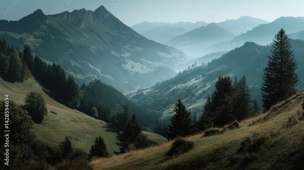 Fototapeta premium Serene Mountain Valley: A Misty Landscape in Blue Hues