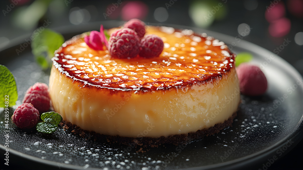 Creme Brulee presented on a black textured surface with elegant side garnishing
